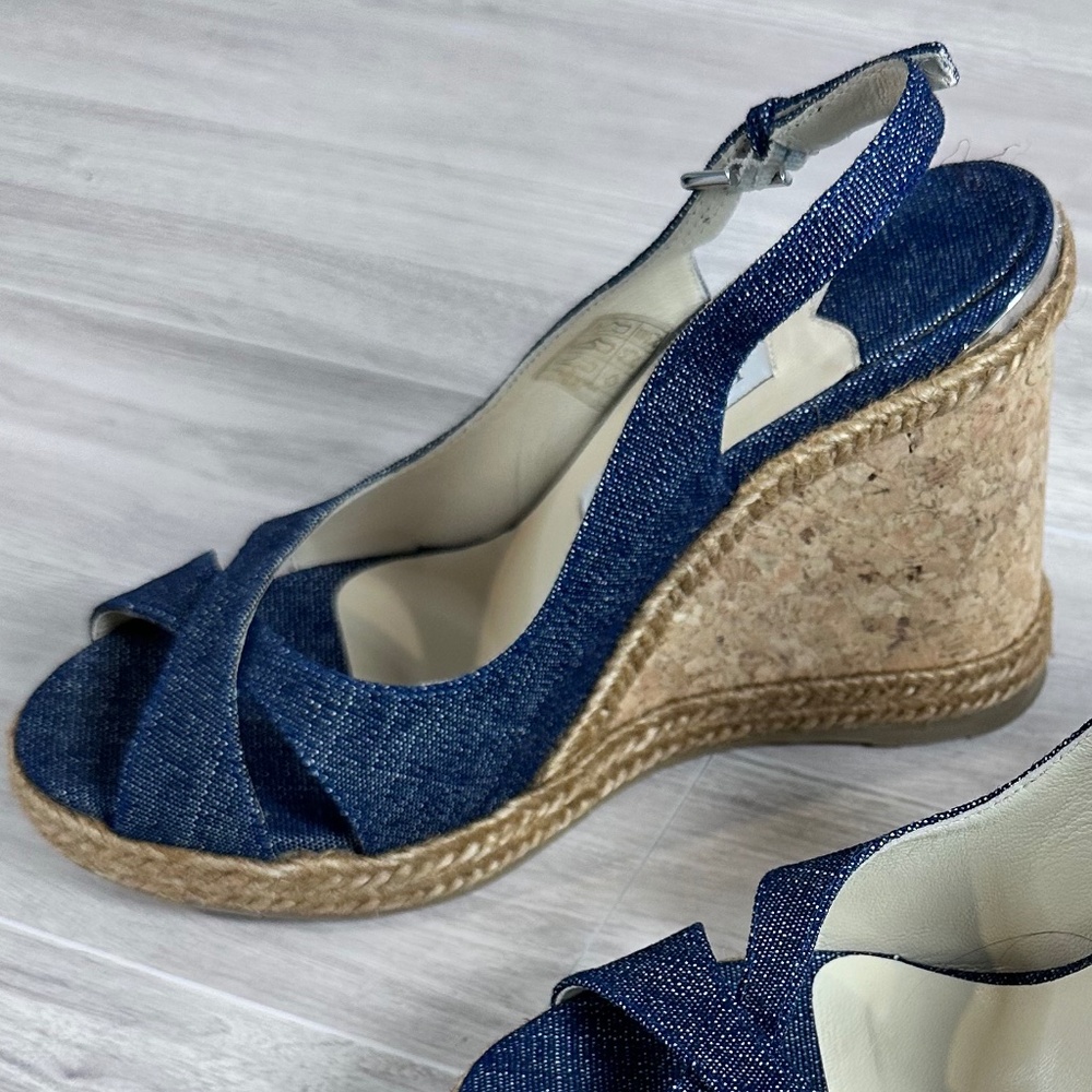 Jimmy Choo Women’s Denim Cork/Espadrille Wedge Sandals size 37.5